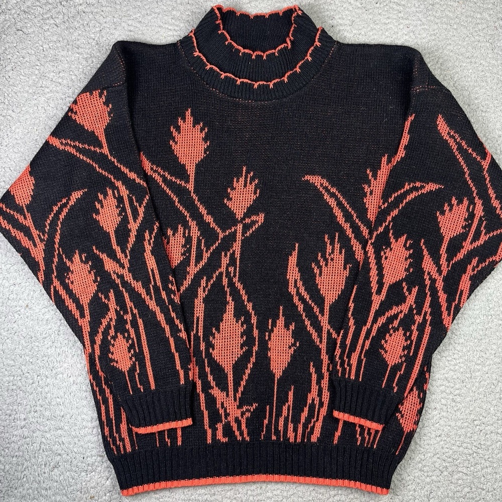 Vintage‎ 90s Nan Dorsey Sweater Women's XL Black 100% Acrylic Floral Flowers